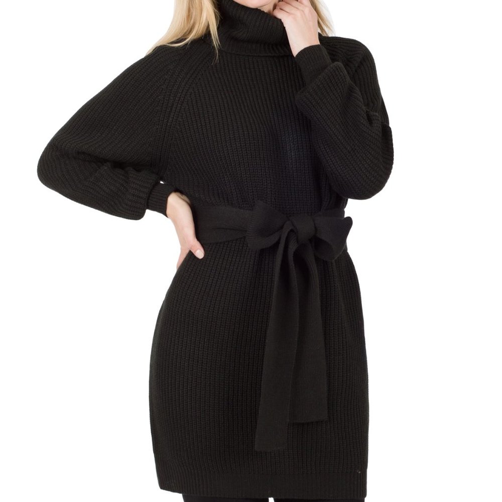 BELTED TURTLENECK SWEATER DRESS